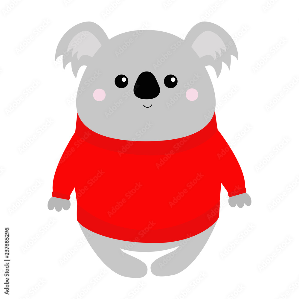 Fototapeta premium Koala w czerwonym brzydkim swetrze. Wesołych Świąt. Zwierzę Kawaii. Kreskówka niedźwiedź dziecko postać. Śmieszna twarz. Szczęśliwego Nowego Roku. Kartka z życzeniami. Płaska konstrukcja. Białe tło. Odosobniony.