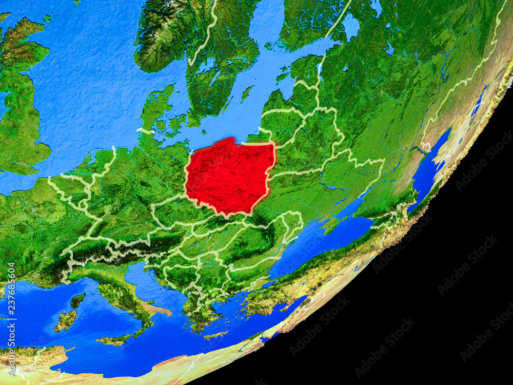 Poland on planet Earth with country borders and highly detailed planet surface.