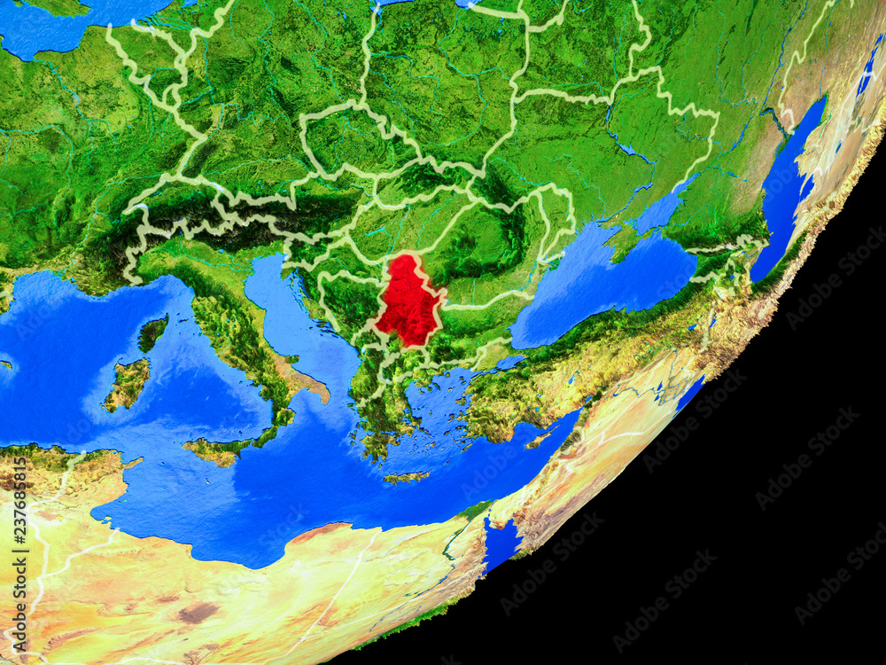 Serbia on planet Earth with country borders and highly detailed planet surface.