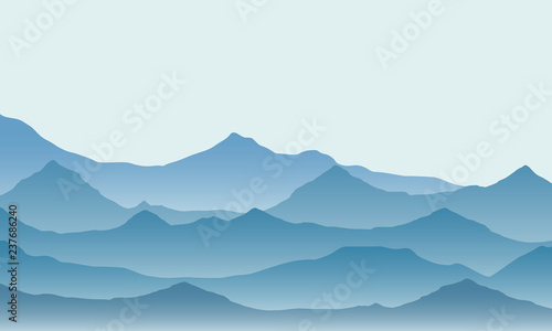 Realistic illustration of mountain landscape with fog under green and blue sky, vector