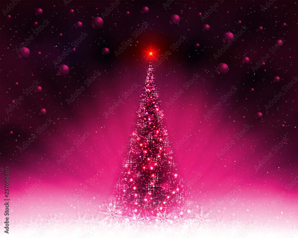 Pink card with shiny Christmas tree, rays of light and Christmas balls. Pink card with shiny Christmas tree, rays of light and Christmas balls.