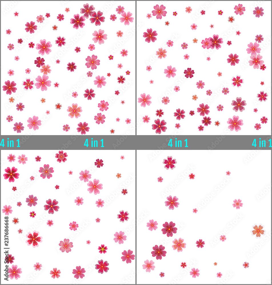 Pink sakura flowers confetti. Simple design. Set of Red cherry petals. Vector backgrounds. 4 in 1