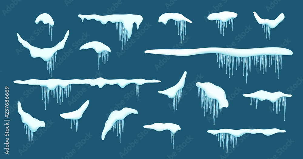 Set of isolated snow cap. Vector template with Snowy elements for your design. Realistic snowdrifts and icicles. - obrazy, fototapety, plakaty 
