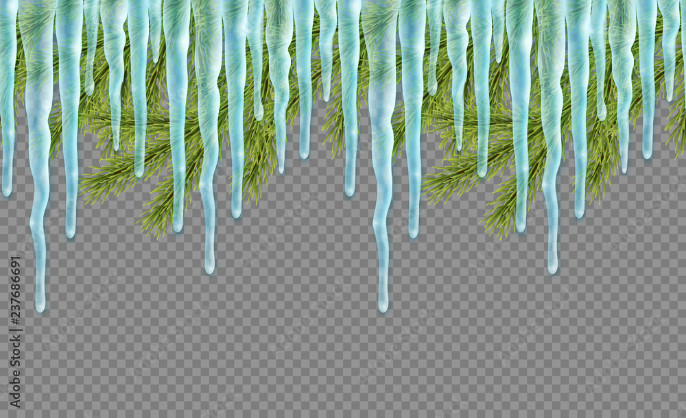 Seamless border with realistic firtree and icicles over transparent background. Design template for merry christmas Seamless border with realistic firtree and icicles over transparent background. Design template for merry christmas