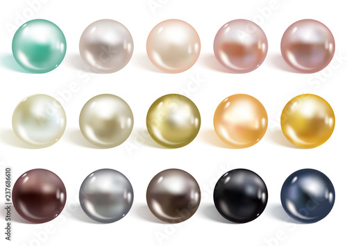 Realistic different colors pearls set. Round colored nacre formed within the shell of a pearl oyster, precious gem. Vector illustration