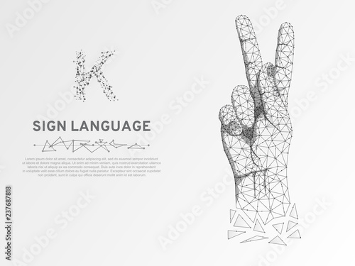 Origami Sign language K letter, hand that use the visual-manual modality to convey meaning. Polygonal space low poly style. People silent communication. Connection wireframe Vector on white background
