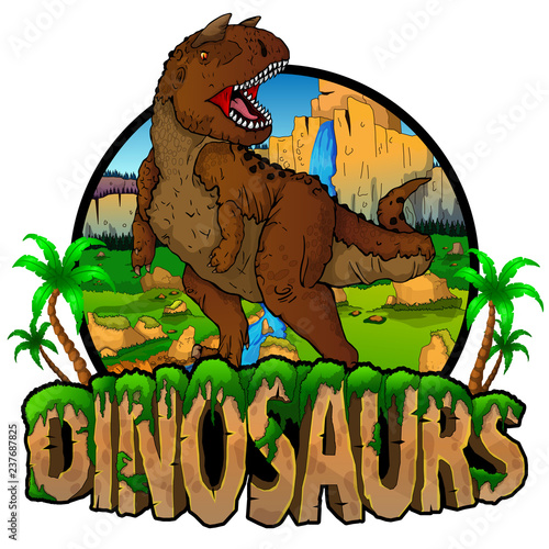 Logo  Dinosaurs World with Carnotaur. Vector illustration.