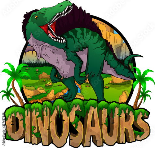 Logo  Dinosaurs World with Spinosaurus. Vector illustration.