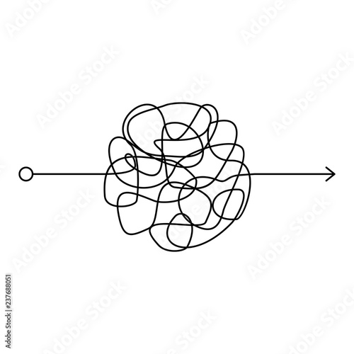 Insane messy line, complicated clew way on white background. Tangled scribble path, chaotic difficult process way. Curved black line, solving a complex problem or quest. Vector illustration