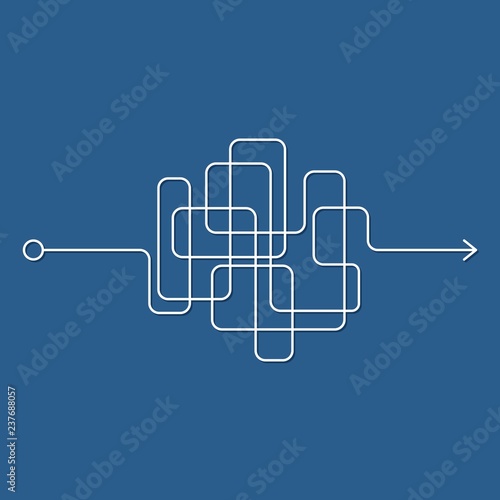 Insane messy line, complicated clew way on blue background. Tangled scribble path, chaotic difficult process way. Curved white line, solving a complex problem or quest. Vector illustration