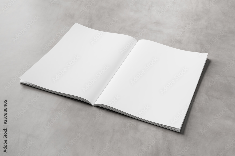White open magazine mockup on concrete 3D rendering White open magazine mockup on concrete 3D rendering