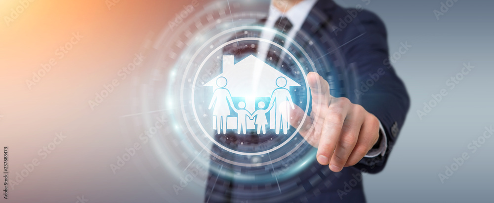 Businessman using family care insurance application 3D rendering Businessman using family care insurance application 3D rendering