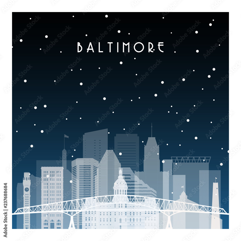 Winter night in Baltimore. Night city in flat style for banner, poster, illustration, background.