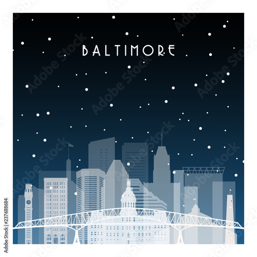 Winter night in Baltimore. Night city in flat style for banner, poster, illustration, background.