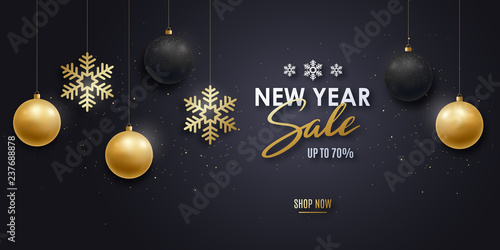New Year sale banner. Gold and black realistic 3d balls  place for text. Vector illustration.