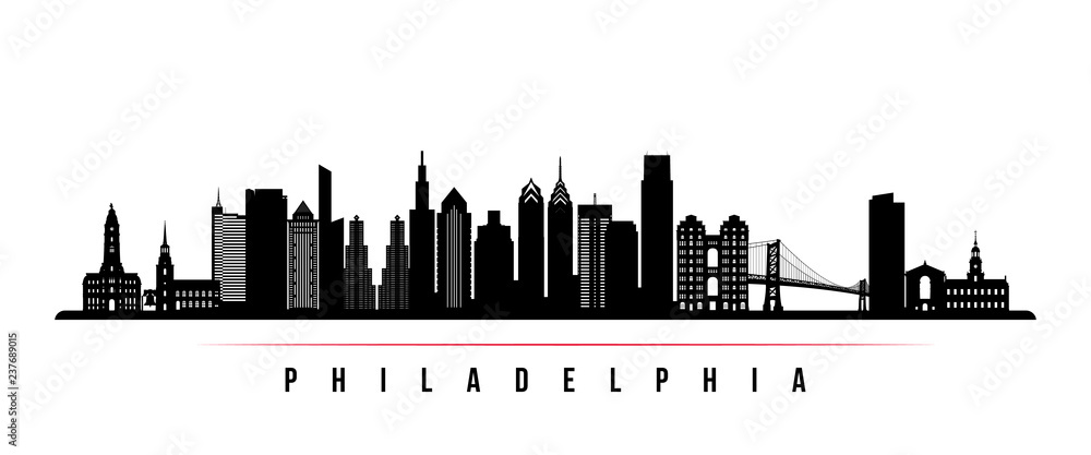 Philadelphia city skyline horizontal banner. Black and white silhouette of Philadelphia city, Netherlands. Vector template for your design.