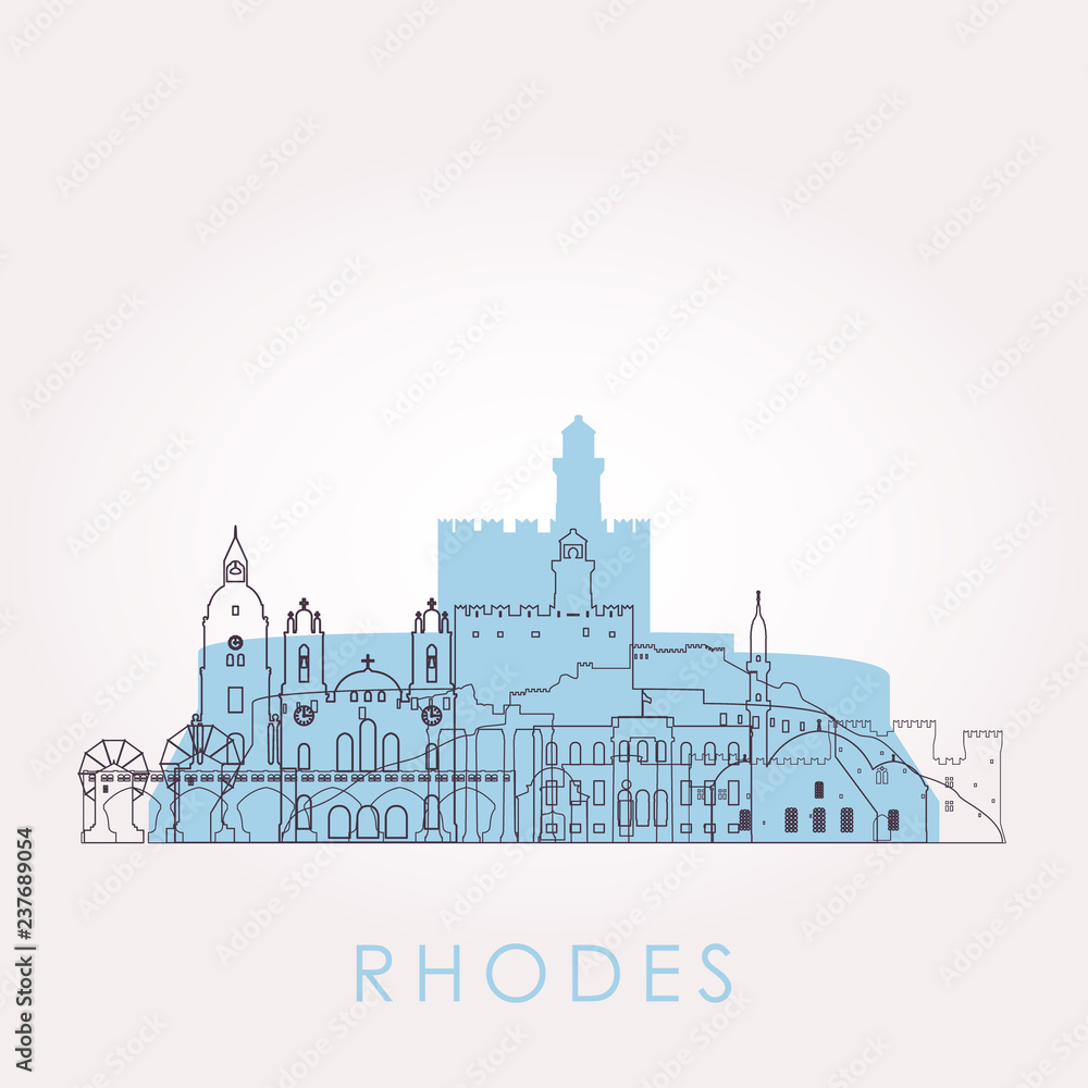 Outline Rhodes skyline with landmarks. Vector illustration. Business travel and tourism concept with historic buildings. Image for presentation, banner, placard and web site.