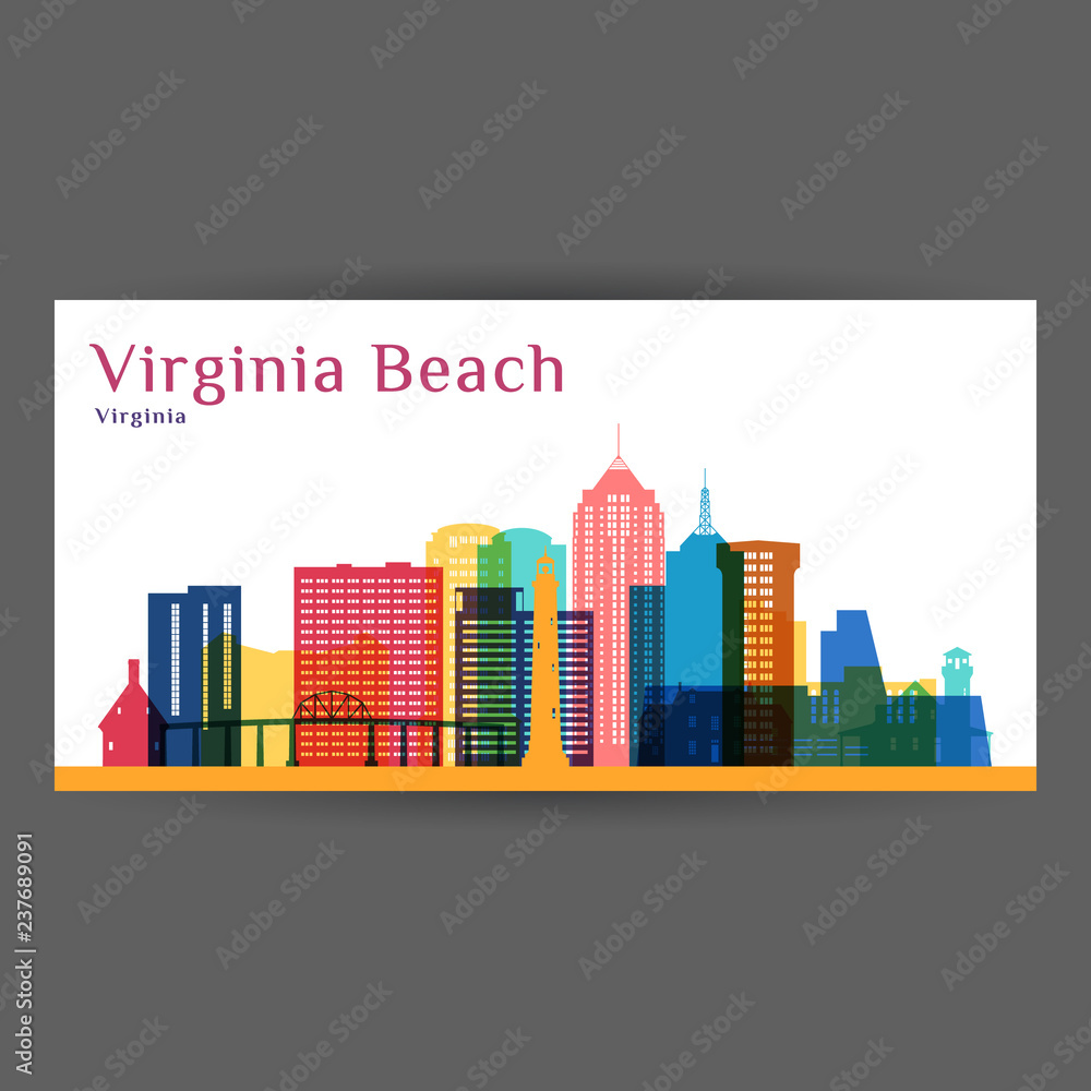 Virginia Beach city architecture silhouette. Colorful skyline. City flat design. Vector business card.