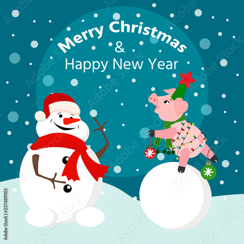 Cute piglet hanging Christmas tree toy and snownman. New Year Day design element. For greeting cards, leaflets, brochures, invitations, posters. photo