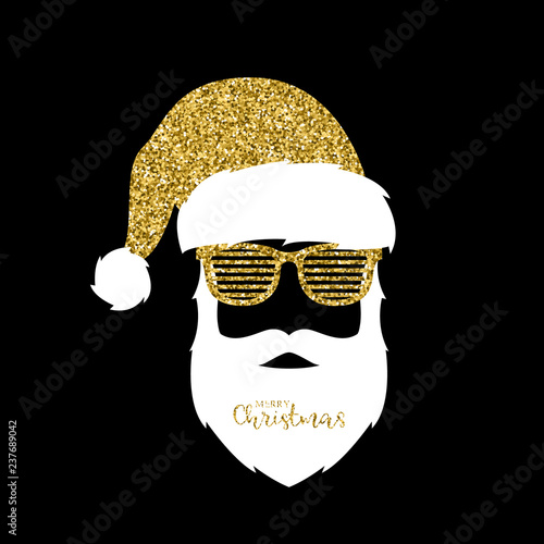 Santa Claus with hat and glasses shutter shades. Gold glitter effect. Vector illustration.