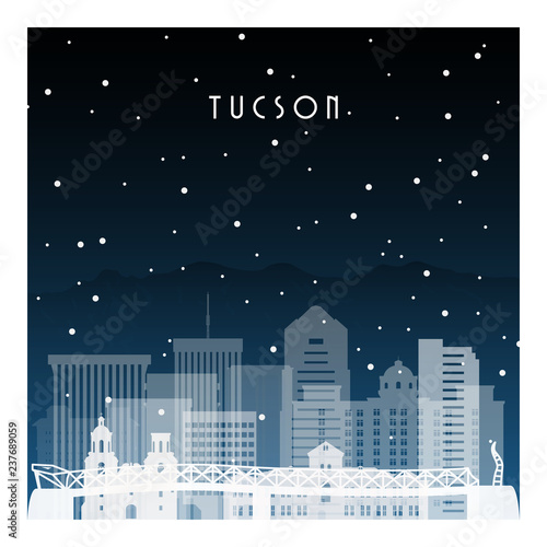 Winter night in Tucson. Night city in flat style for banner, poster, illustration, background.