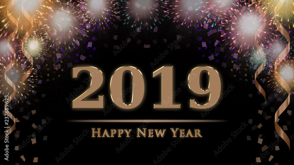 2019 New Year's eve celebration card with colorful fireworks. Illustration with confetti, ribbons, firework display and golden 2019 Happy New Year text on black background 2019 New Year's eve celebration card with colorful fireworks. Illustration with confetti, ribbons, firework display and golden 2019 Happy New Year text on black background