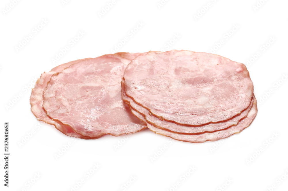 Ham slices isolated on white background, top view