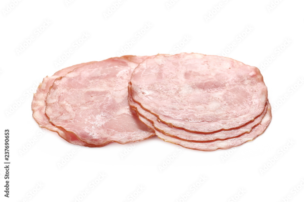 Ham slices isolated on white background, top view Ham slices isolated on white background, top view