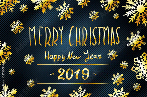 vector gold Merry christmas greetings and Happy new year 2019 dark blue background. golden snowflakes