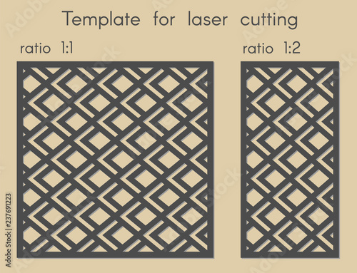 Template for laser cutting. Stencil for panels of wood, metal. Geometric background for cut. Vector illustration. Decorative cards. Ratio 1:1, 1:2. 