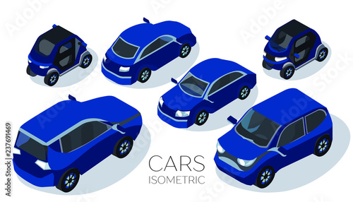 Flat 3d isometric high quality city transport icon. Passenger car, off-road car, sedan, electric car. Back and  front view. Set on a white background