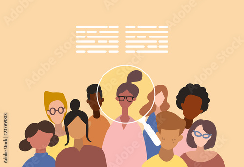 Vector concept of human resources management, professional staff research, head hunter job with magnifying glass.