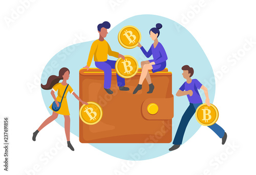 People investing gold coins in bitcoin wallet, flat minimalist styling. Vector illustration of earning and saving money.