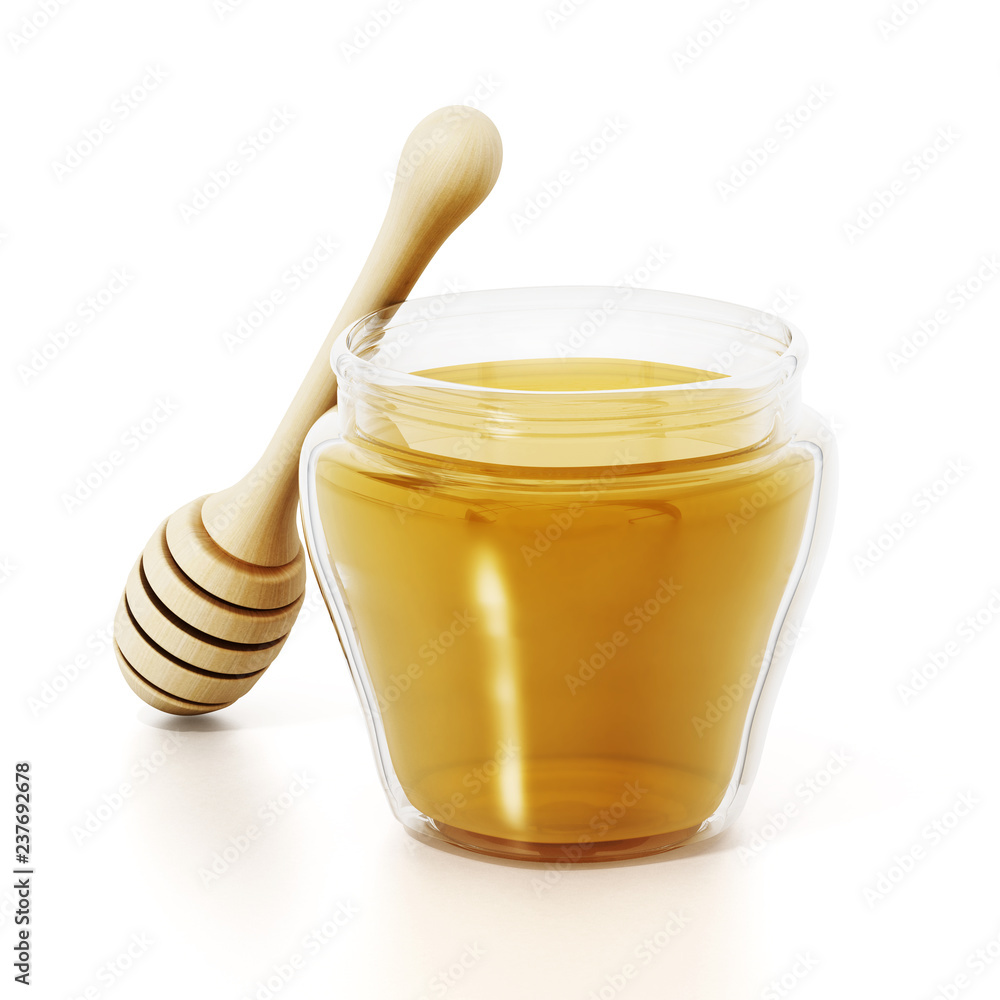 Honey jar and dipper isolated on white background. 3D illustration Honey jar and dipper isolated on white background. 3D illustration