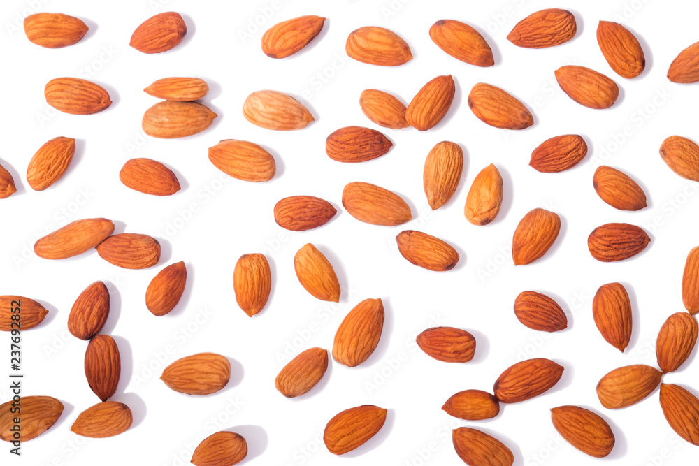 Almond isolated. Nuts on white background. Full depth of field. top view. The gap is a gap. Almond isolated. Nuts on white background. Full depth of field. top view. The gap is a gap.