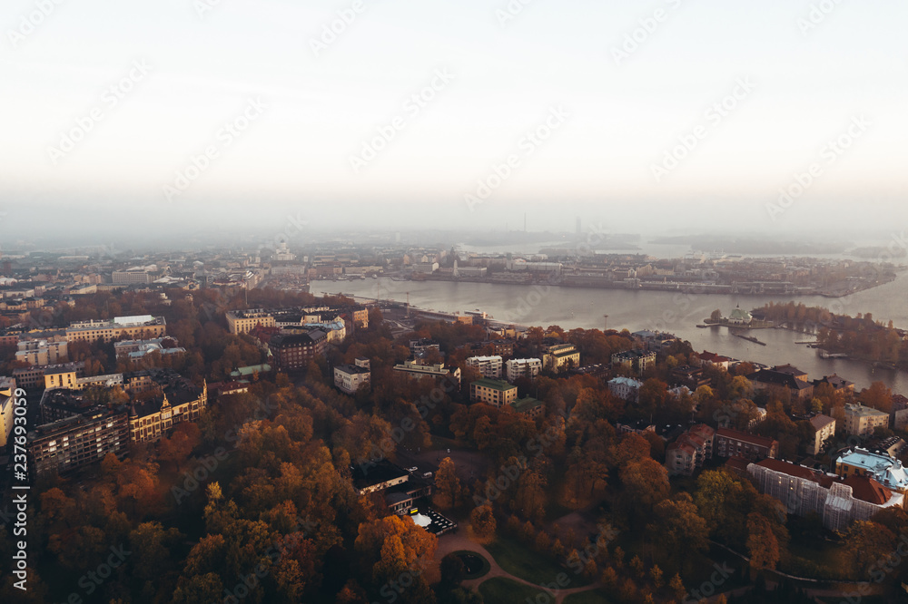 Helsinki Finland seen from the air on a foggy autumn morning