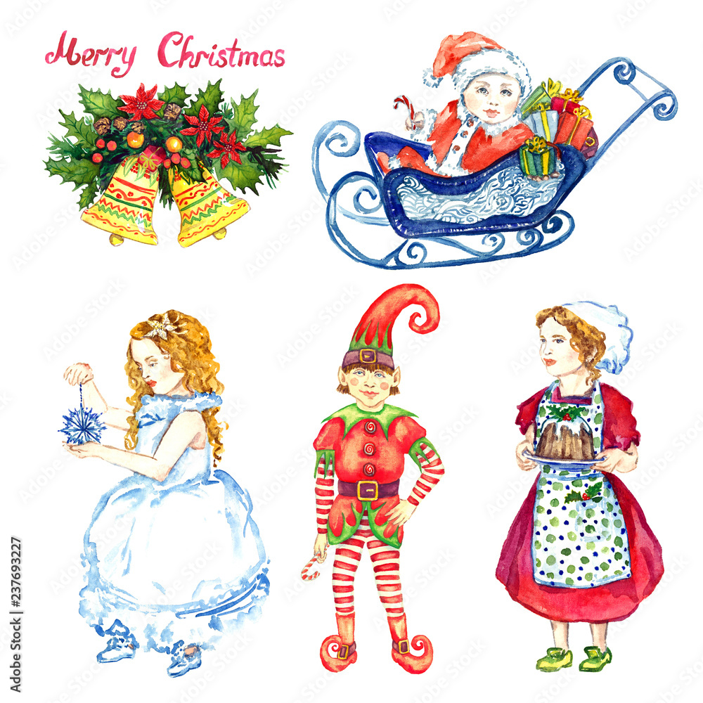 Fototapeta premium Baby Santa Claus sitting in sleigh with gifts, Girl with snowflake and another with pudding, elf in bright costume, Christmas decoration bells, set for greeting card, hand painted watercolor