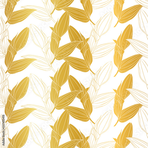 Vector vibrant golden Lilium flower buds  seamless repeat pattern. Great for spring,summer and fall wallpaper,wedding or bridal shower decor, invitations, gifts,scrapbooking. Surface pattern design.