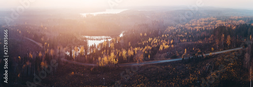 Panorama view of autumn forest at sunset with lake and road, Finland © Vilhelm