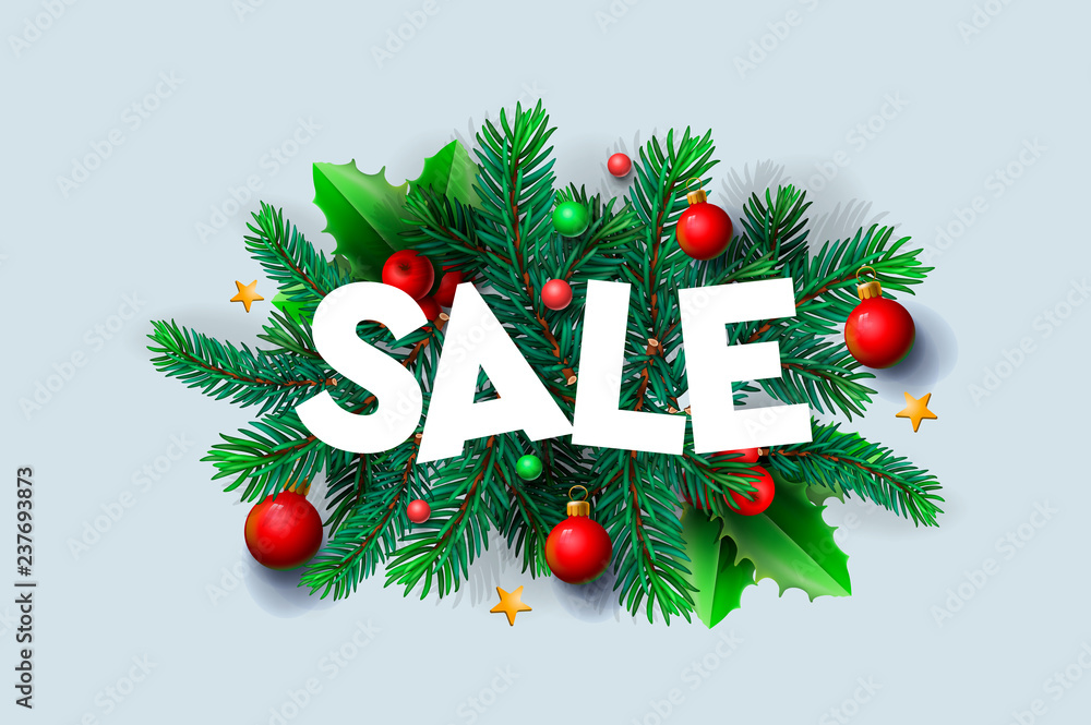 Christmas Sale banner, Xmas decoration, christmas tree branch ...