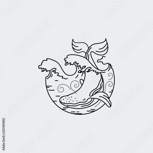 Huge Whale with sun ocean. Nature exploration poster or label. Modern flat linear vector illustration