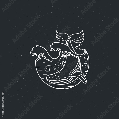 Huge Whale with sun ocean. Nature exploration poster or label. Modern flat linear vector illustration