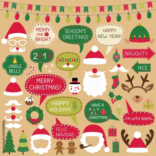 Christmas speech bubbles, Santa Claus hats and decoration, photo booth props