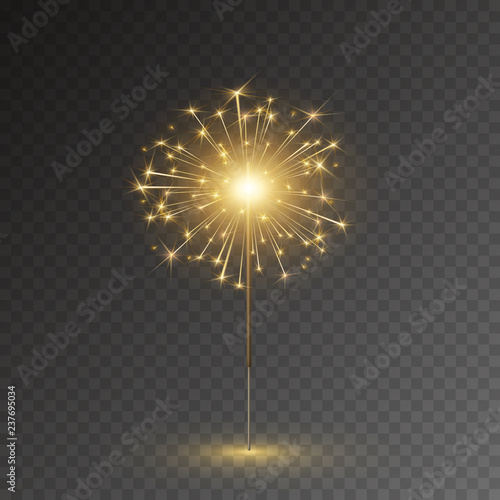 Firework isolated on transparent background. Festive golden Christmas sparkler candle lights. Vector burning bengal at night sky for New Year, birthday or Diwali design.