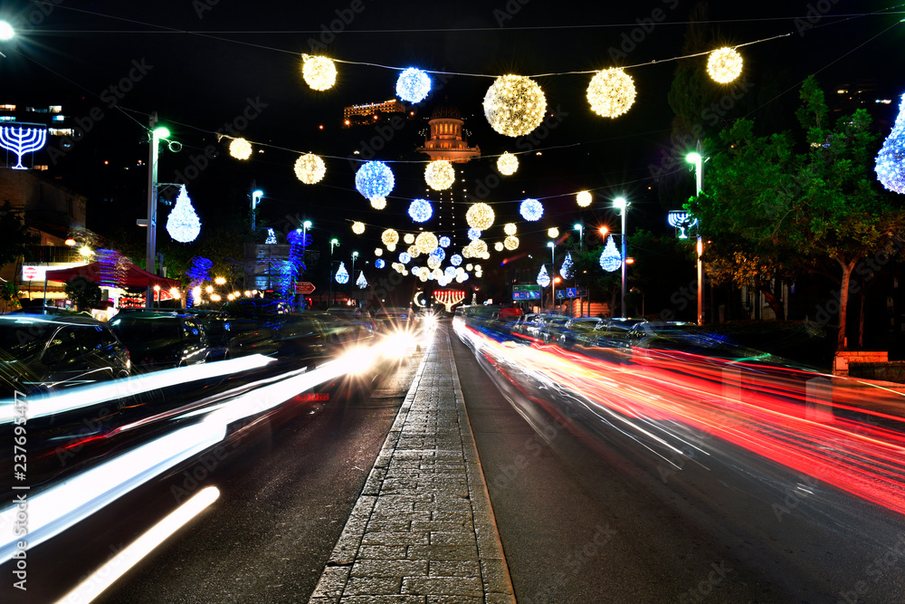 The German Colony in Haifa (Israel) decorated for the winter holidays.