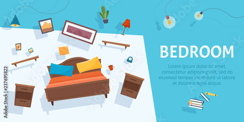 Bedroom furniture hovering on background. Floating interior.