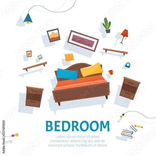 Bedroom furniture hovering on background. Floating interior.