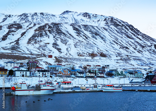 Siglufjordur at dawn in winter.  It is the northernmost town of the of Iceland. © Antonel