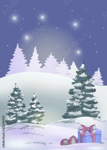 Winter night landscape with stars, hills, fir trees and gift boxes. Holiday Christmas and New Year background. Vector illustration. © koshkamurka