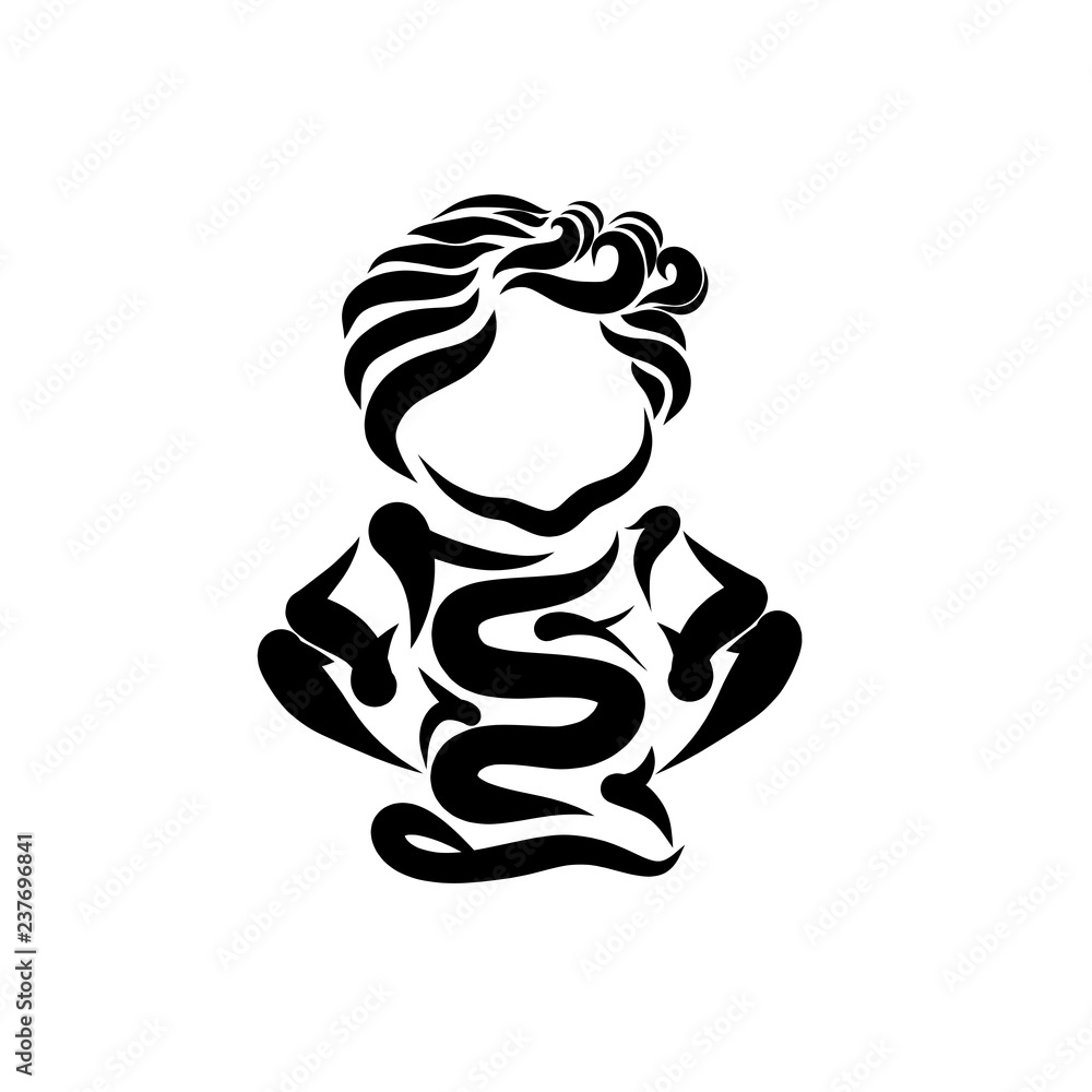 Fototapeta premium Curly boy hides his hands behind his back, secret, black abstract pattern